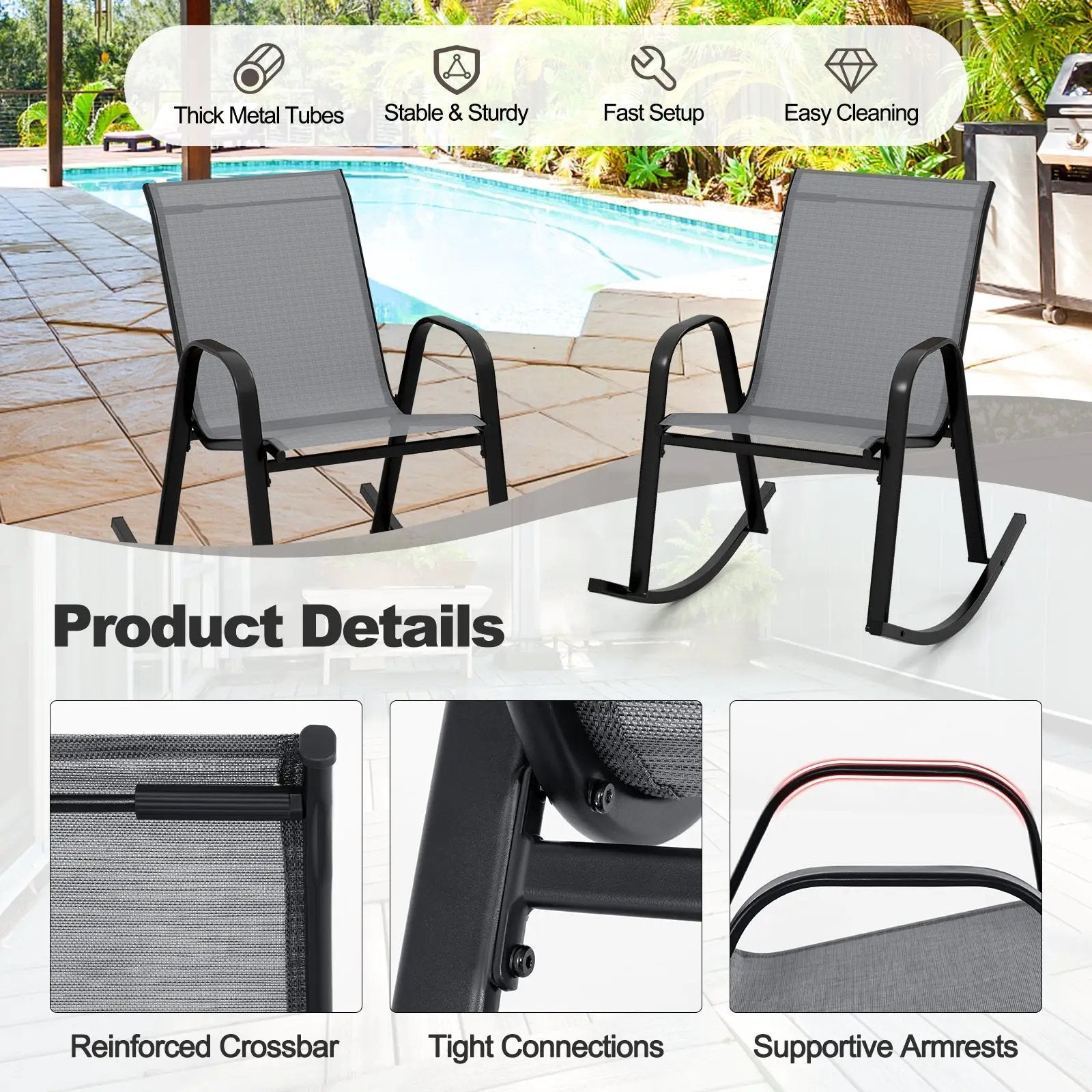 Set of 2 Metal Patio Rocking Chair with Breathable Seat Fabric by DirectDeals