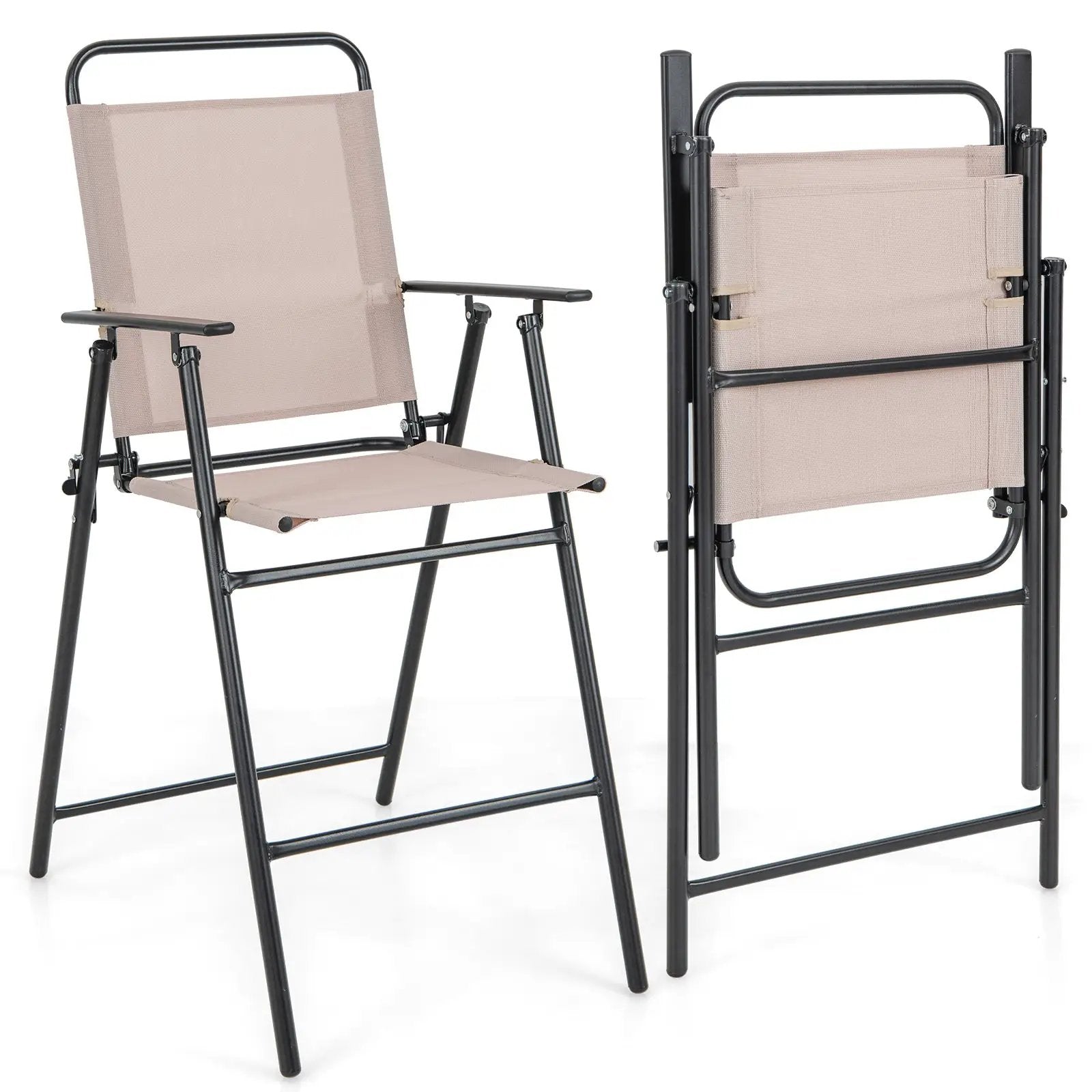 Set of 2 Patio Folding Bar-Height Chairs with Armrests and Quick-Drying Seat-Beige by DirectDeals