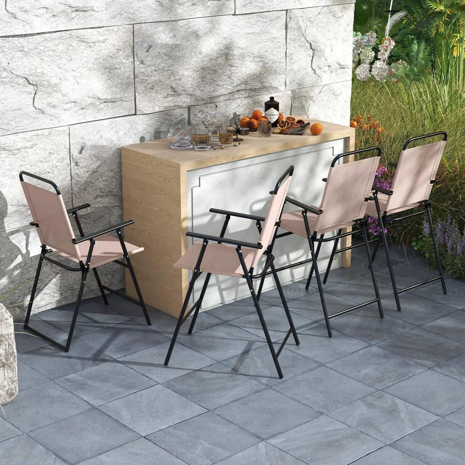 Set of 2 Patio Folding Bar-Height Chairs with Armrests and Quick-Drying Seat-Beige by DirectDeals