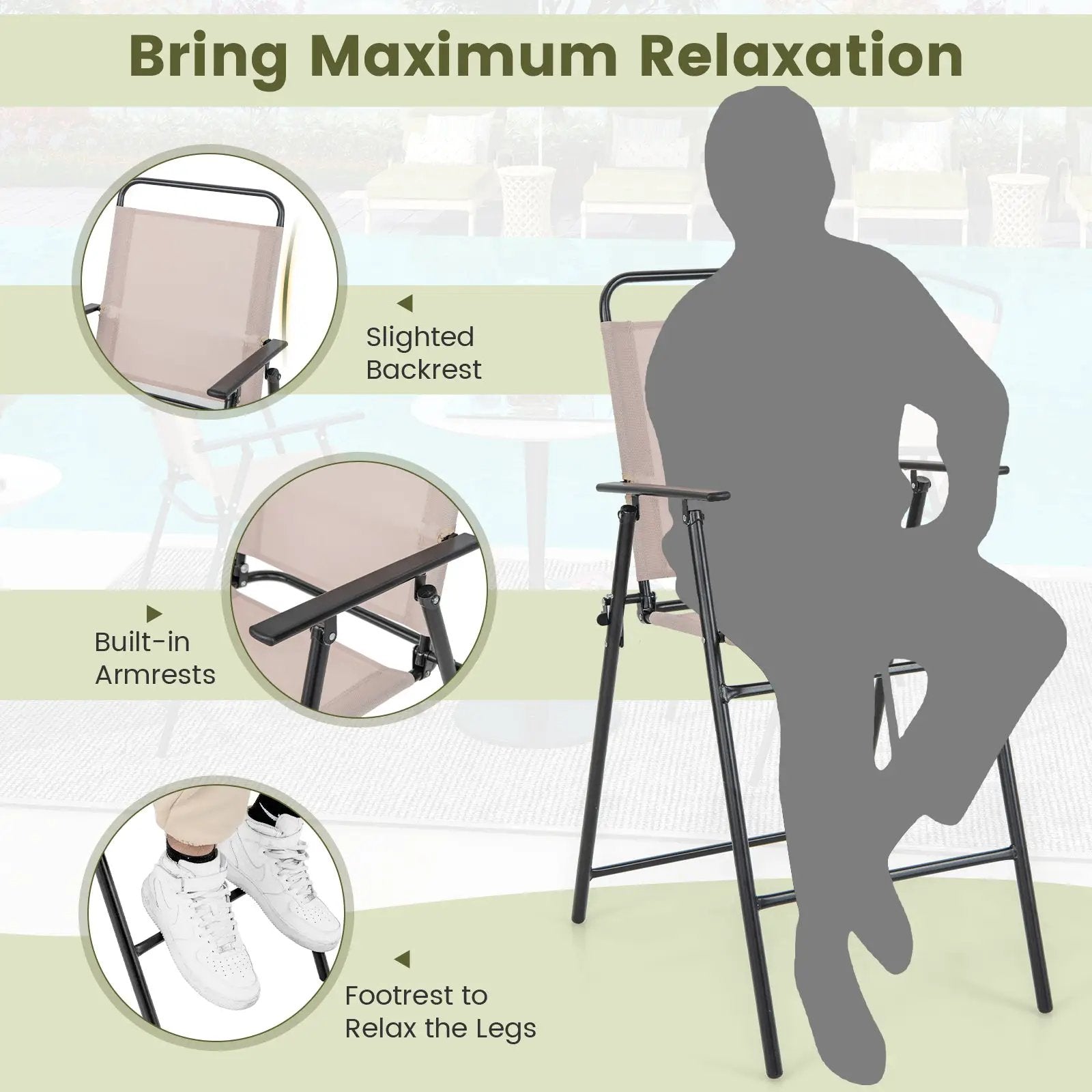 Set of 2 Patio Folding Bar-Height Chairs with Armrests and Quick-Drying Seat-Beige by DirectDeals