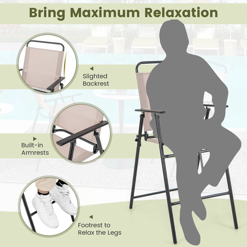 Set of 2 Patio Folding Bar-Height Chairs with Armrests and Quick-Drying Seat-Beige by DirectDeals
