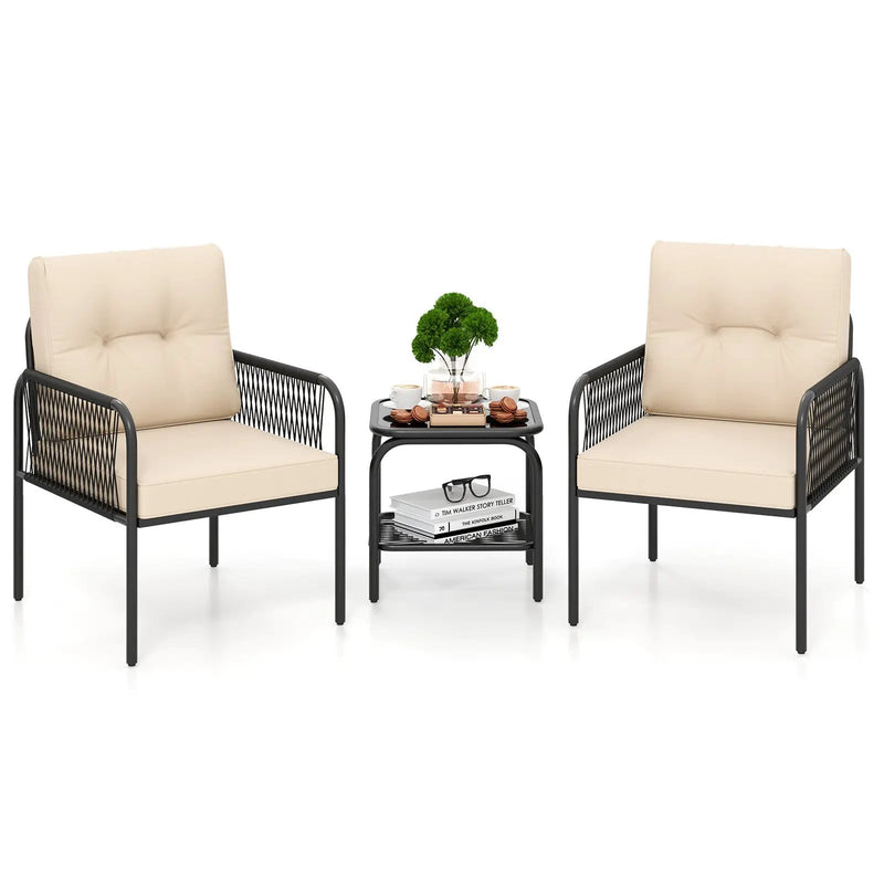 3 Pieces Patio Bistro PE Outdoor Wicker Rattan Furniture Conversation Set-Beige by DirectDeals