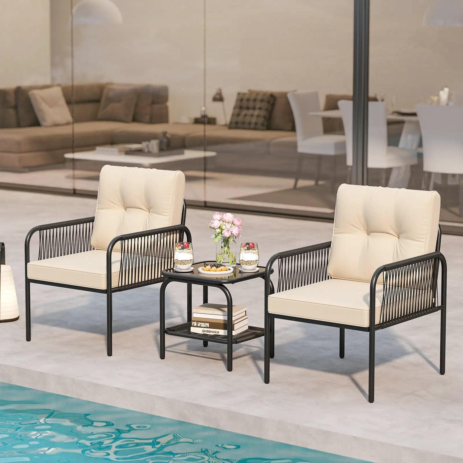 3 Pieces Patio Bistro PE Outdoor Wicker Rattan Furniture Conversation Set-Beige by DirectDeals