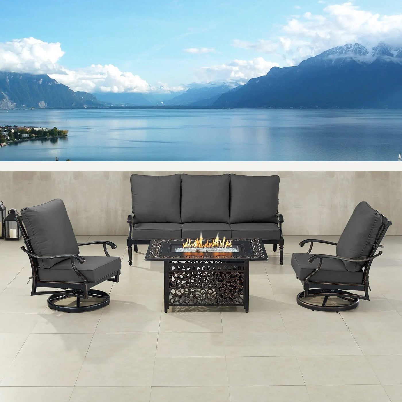 Black Aluminum Fire Table Set with Sofa and Two Club Chairs by Sharicks