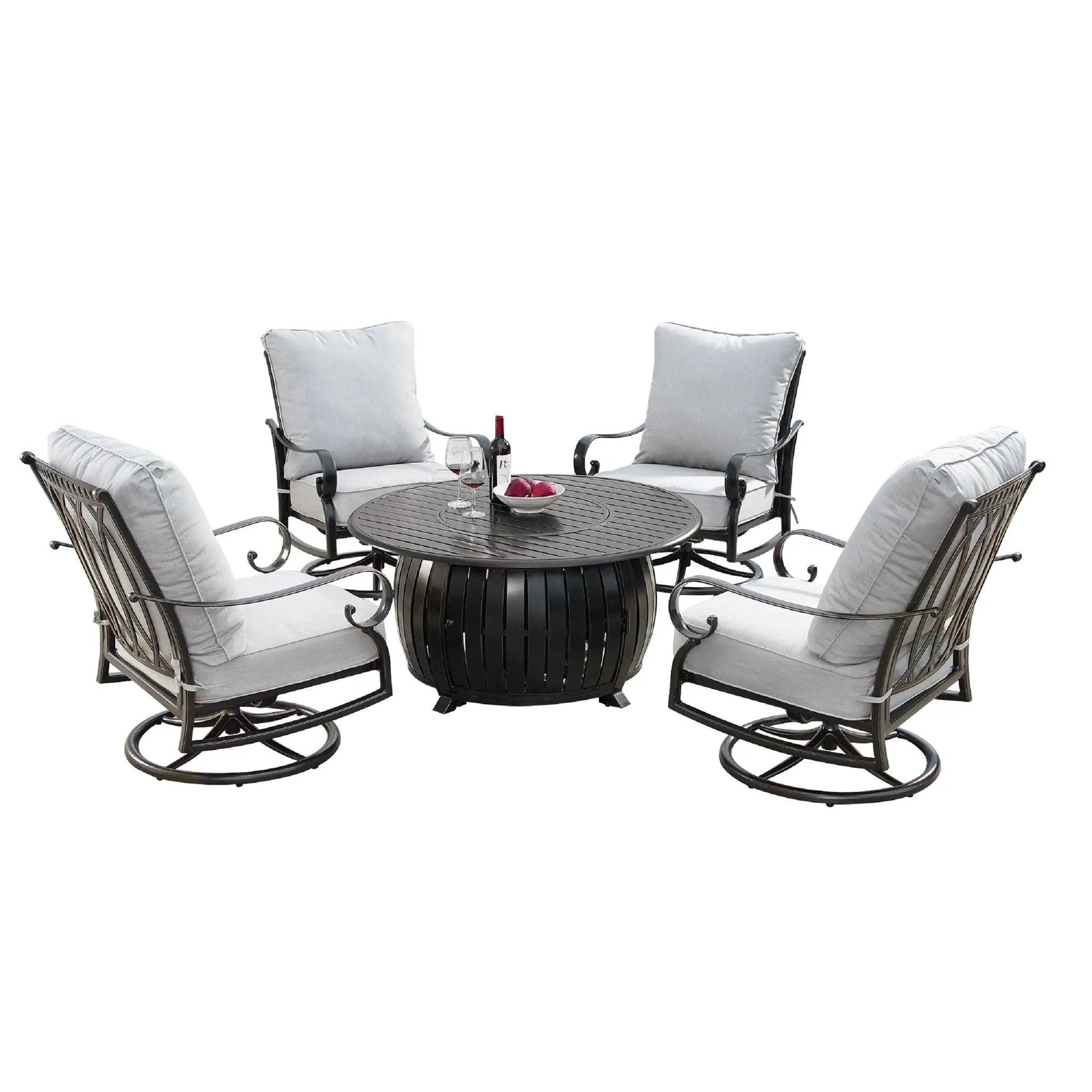 Aluminum 44-in Round Patio Fire Table Set with Swivel Rocking Chairs by Sharicks