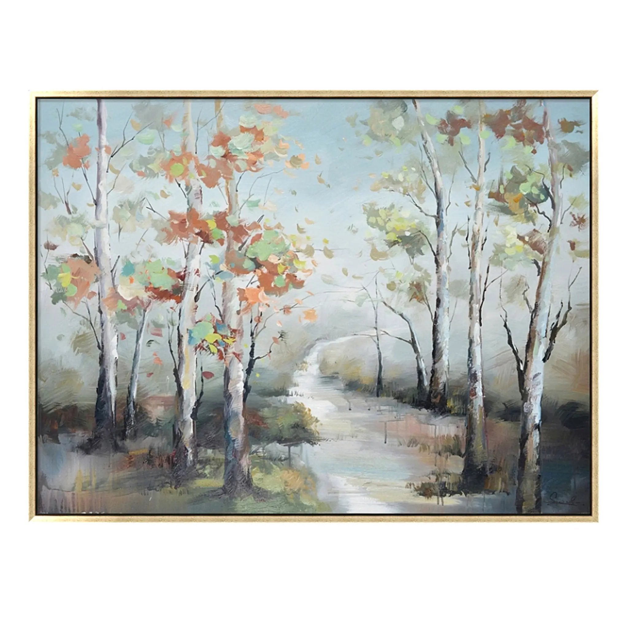 Hand Painted Acrylic Wall Art Fall Colorful Trees on a 47 x 35 Rectangular Canvas with a Gold Wooden Frame by Sharicks