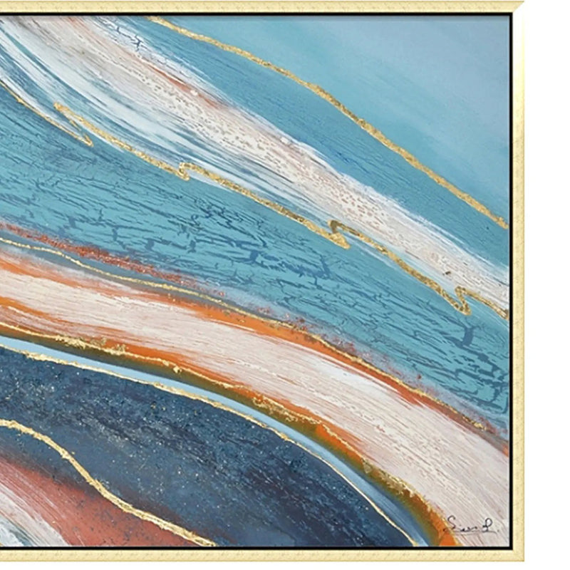 Hand Painted Acrylic Abstract Wall Art Blues and Reds on a 59 x 30 Rectangular Canvas with a Gold Wooden Frame by Sharicks
