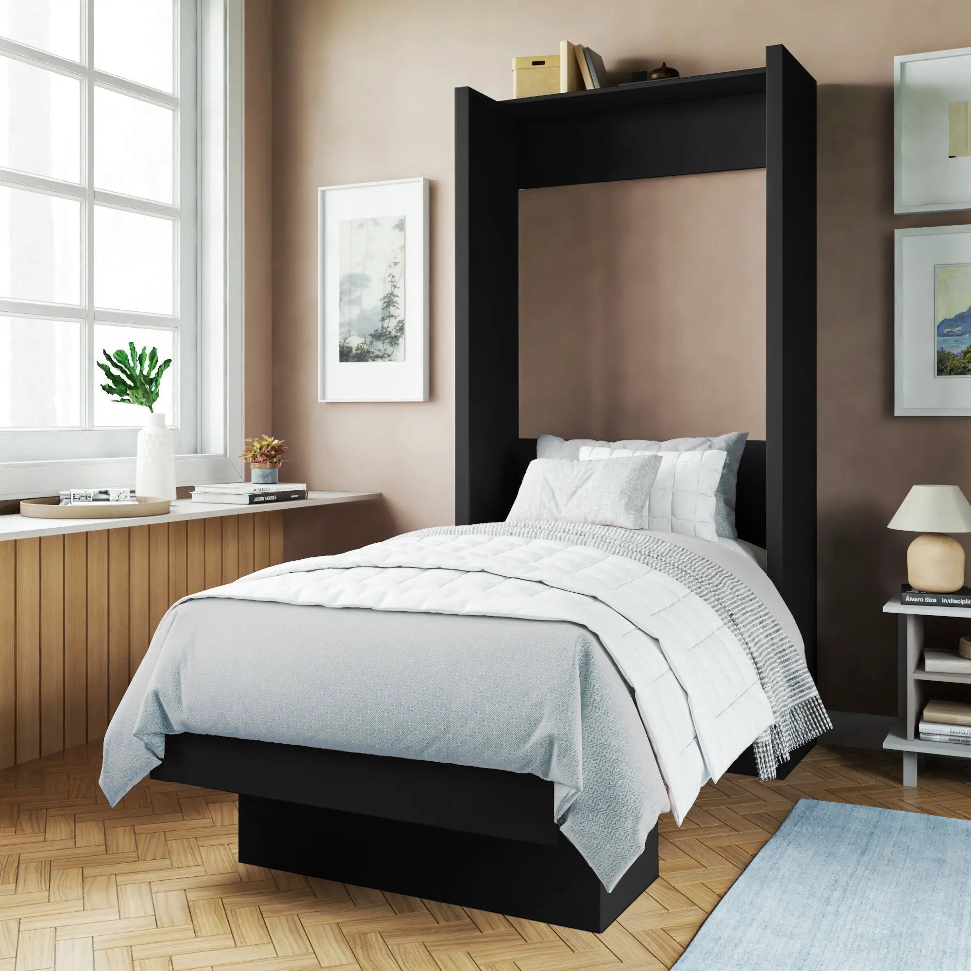 Easy-Lift Twin Murphy Wall Bed in Black with Shelf by Sharicks