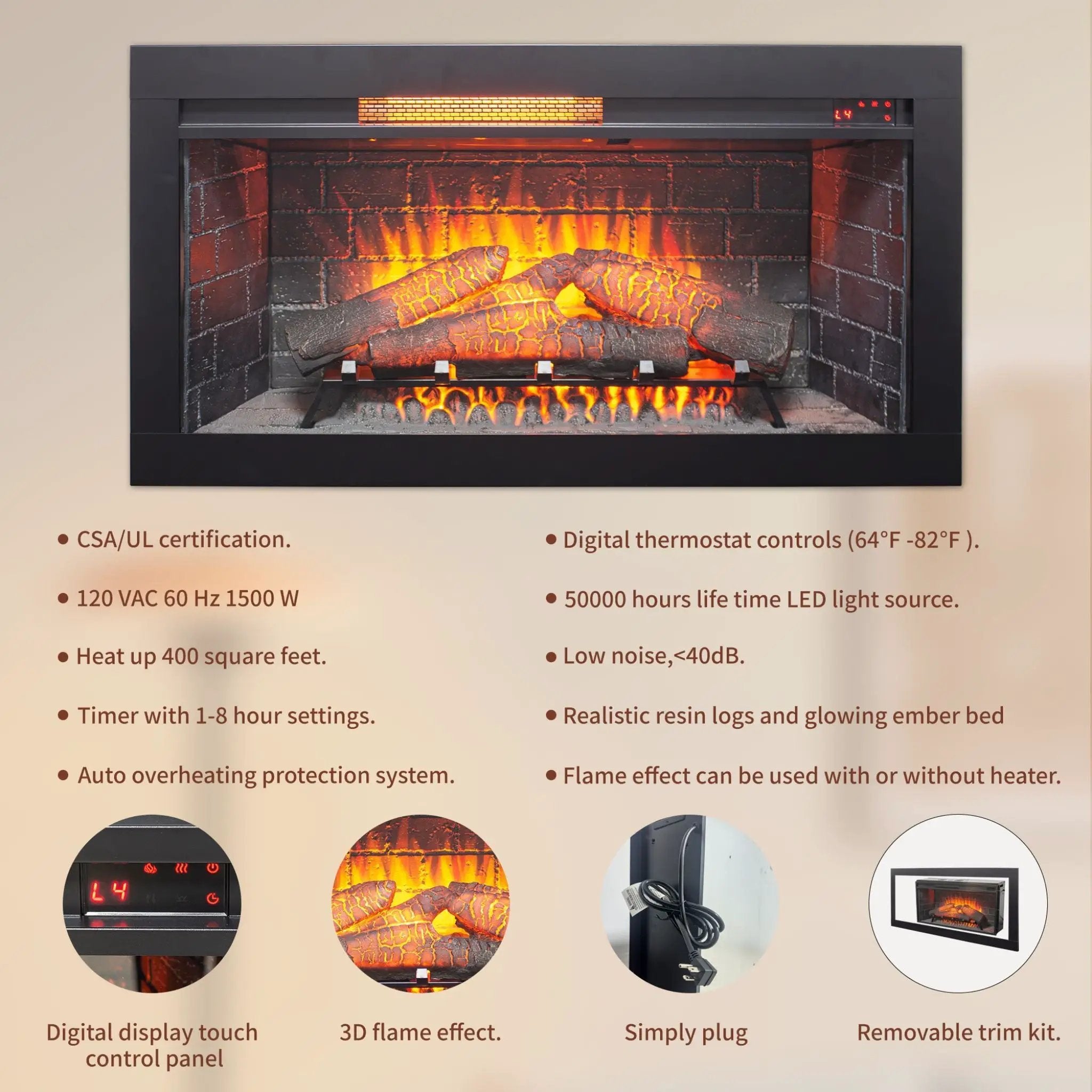 Nuvia 36-Inch Electric Antique Black Touch Panel Infrared Fireplace Insert With Removable Trim Kit (SAK84610) by SAKSBY WHOLESALE