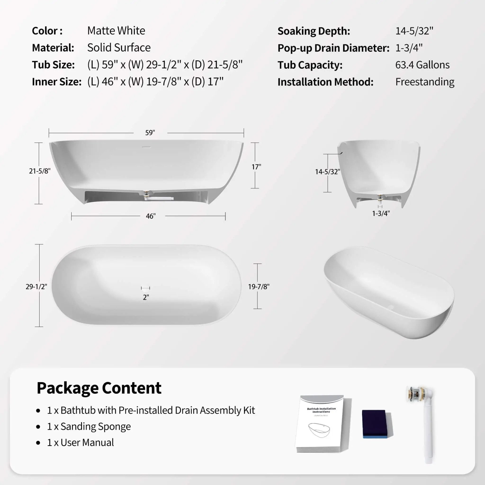 Nuvia 59-Inch Luxury Solid Surface Matte White Freestanding Soaking Tub (SAK95320) by SAKSBY WHOLESALE