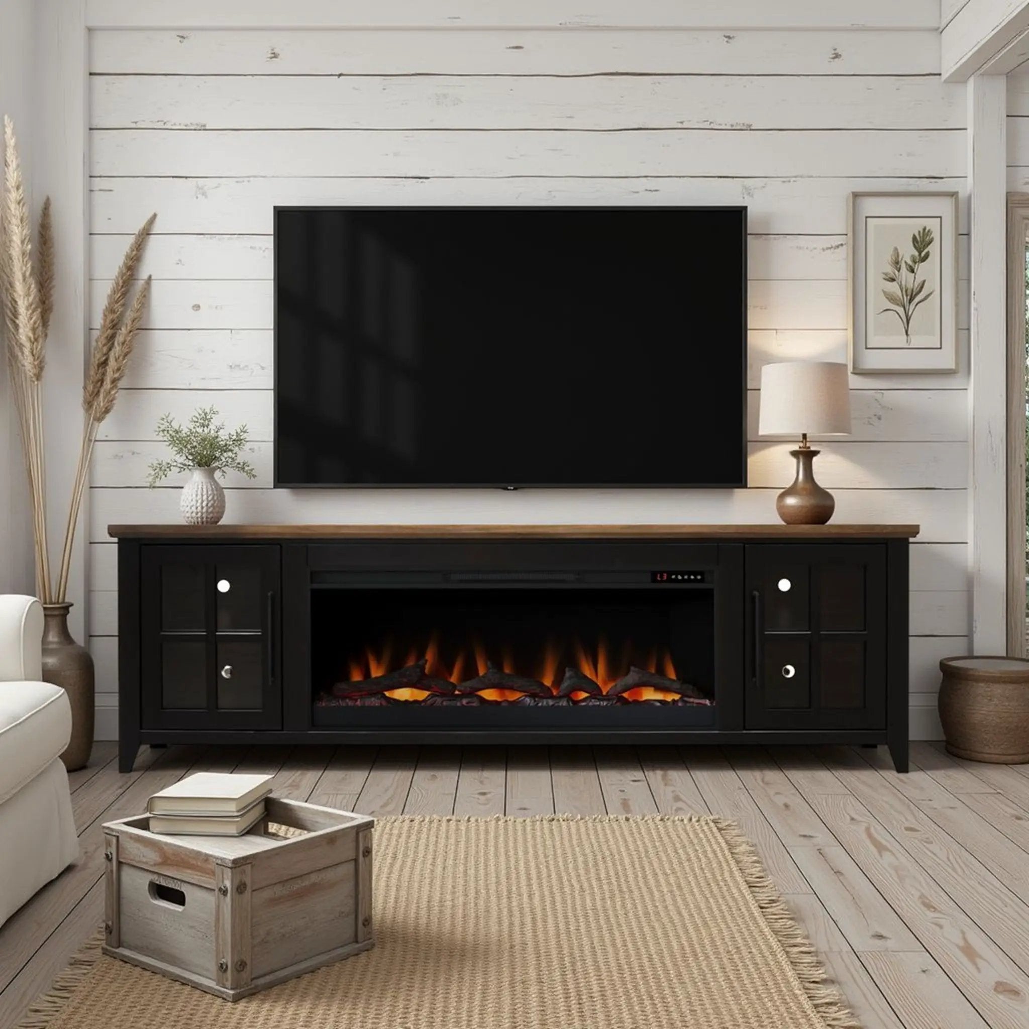 Nuvia 83-Inch Bourbon Black TV Stand With Fireplace And Glass Windowpane Doors (SAK40281) by SAKSBY WHOLESALE