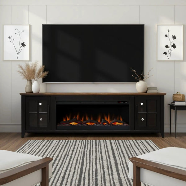 Nuvia 83-Inch Bourbon Black TV Stand With Fireplace And Glass Windowpane Doors (SAK40281)
