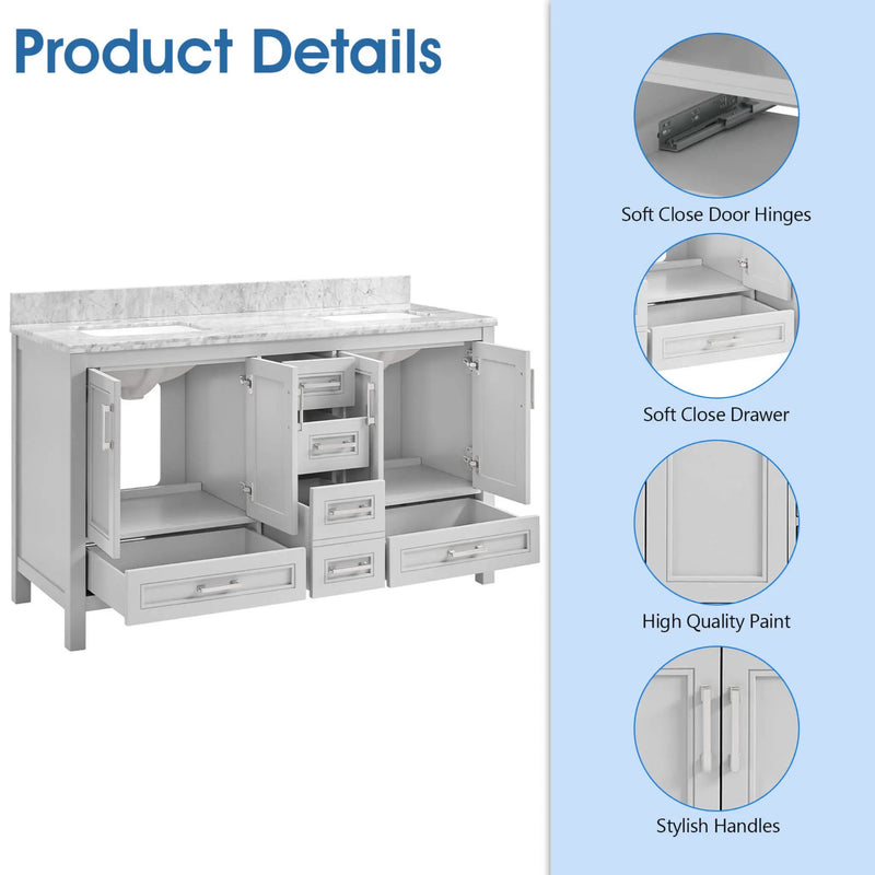 Nuvia Premium 60-Inch Freestanding Double Sink Bathroom Vanity With Carrara Marble Top (SAK51829) by SAKSBY WHOLESALE