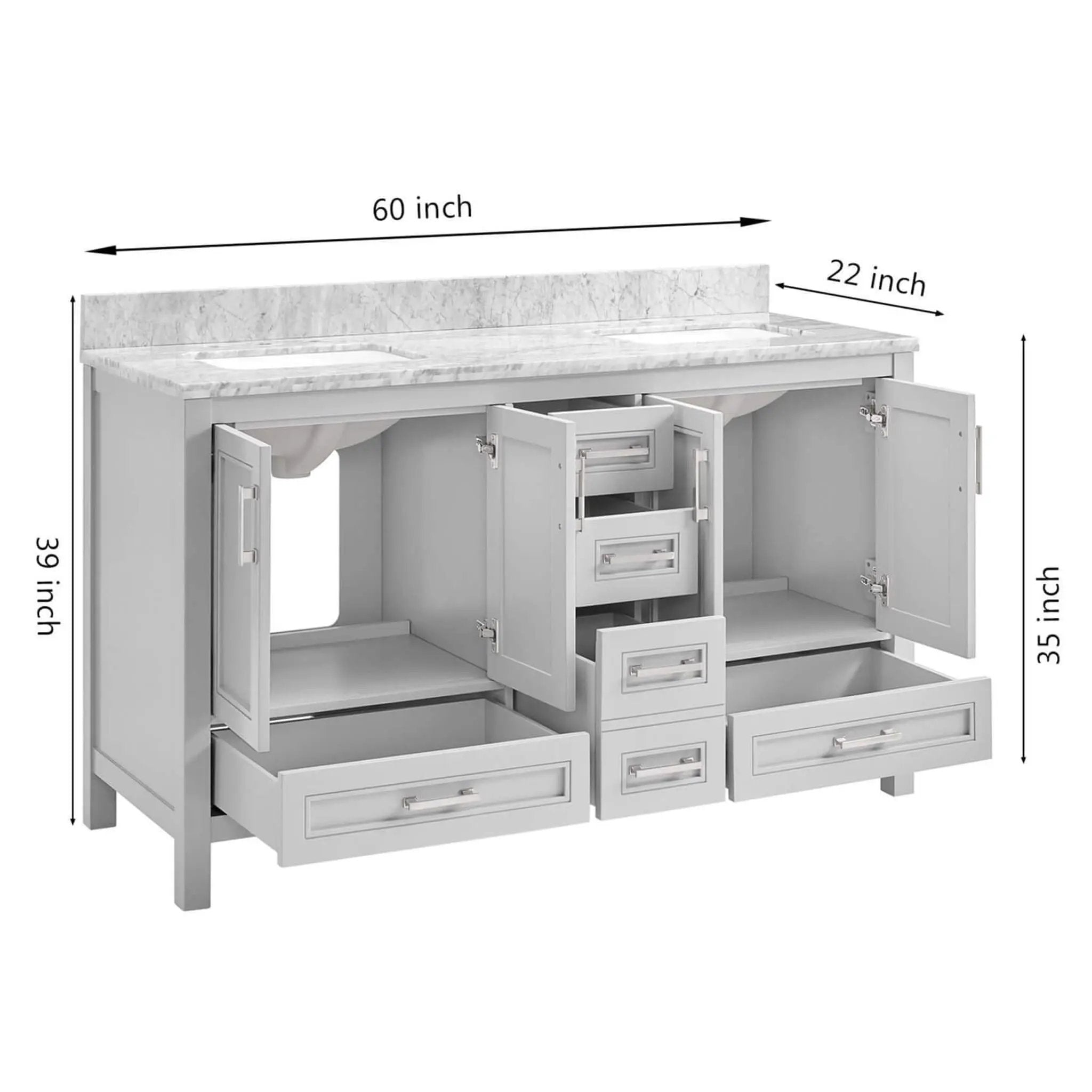 Nuvia Premium 60-Inch Freestanding Double Sink Bathroom Vanity With Carrara Marble Top (SAK51829) by SAKSBY WHOLESALE