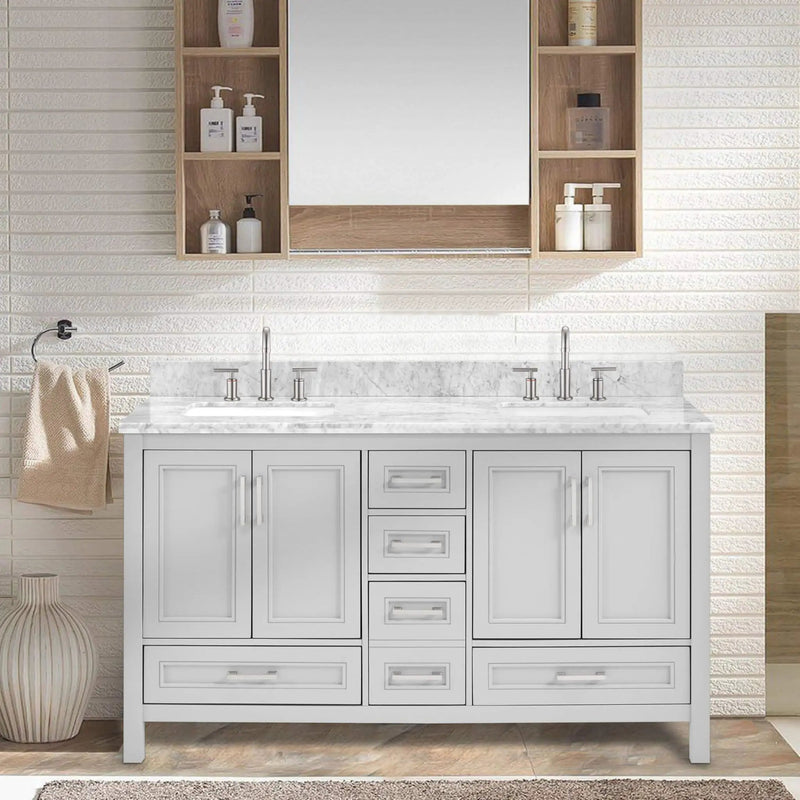 Nuvia Premium 60-Inch Freestanding Double Sink Bathroom Vanity With Carrara Marble Top (SAK51829) by SAKSBY WHOLESALE
