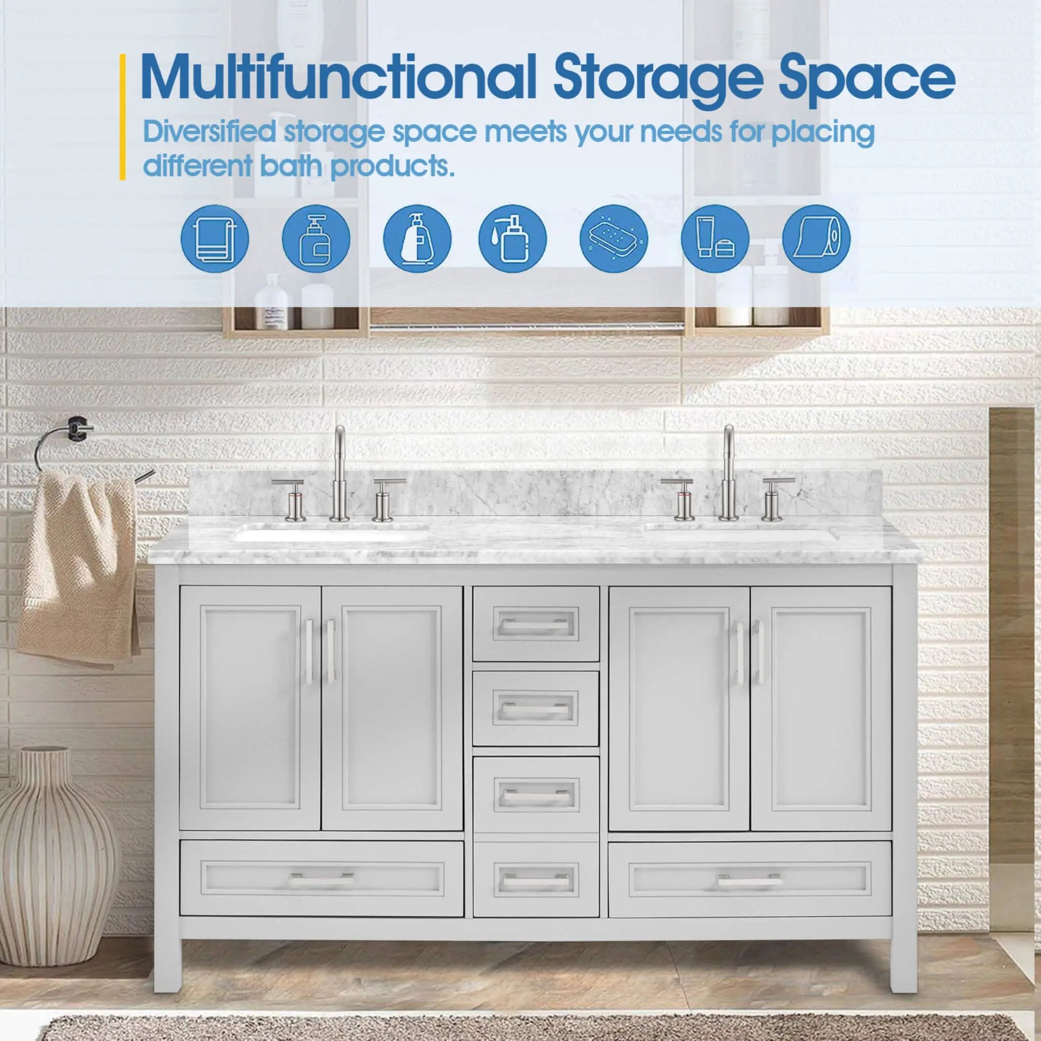 Nuvia Premium 60-Inch Freestanding Double Sink Bathroom Vanity With Carrara Marble Top (SAK51829) by SAKSBY WHOLESALE