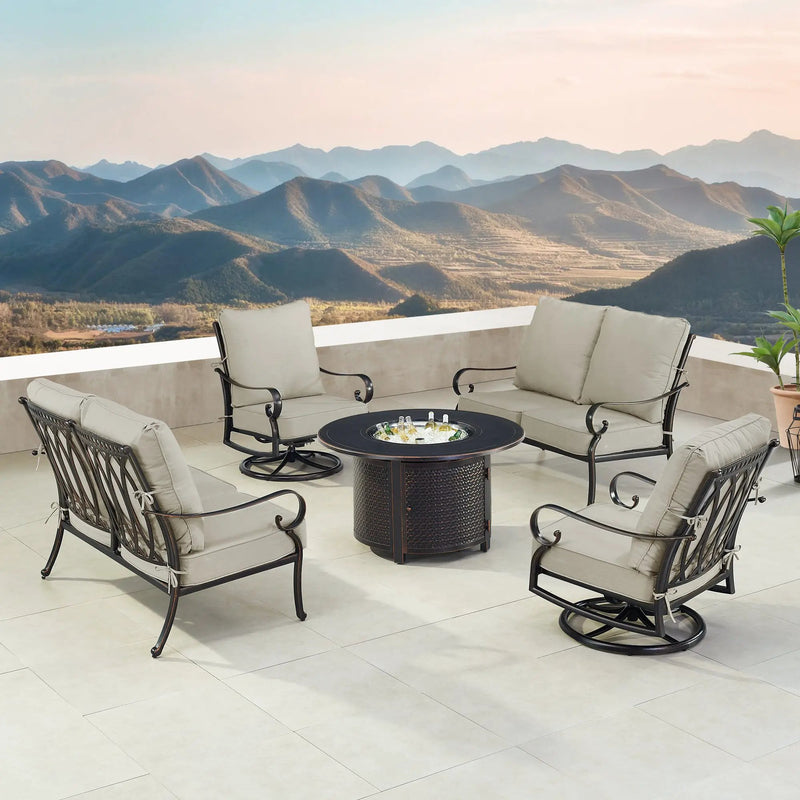 Black Aluminum Fire Table Set with Two Loveseats and Two Club Chairs by Sharicks