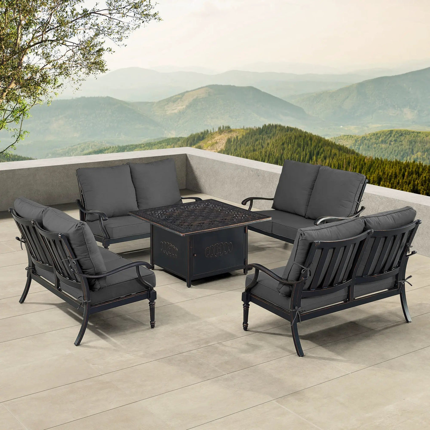 Black Aluminum Fire Table Set with Four Deep Seating Loveseats by Sharicks