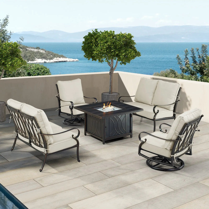 Black Aluminum Fire Table Set with Two Loveseats and Two Club Chairs by Sharicks