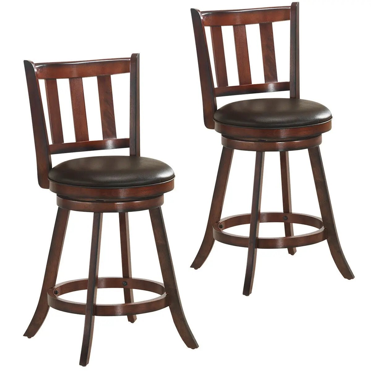 2 Pieces 360 Degree Swivel Wooden Counter Height Bar Stool Set with Cushioned Seat by DirectDeals
