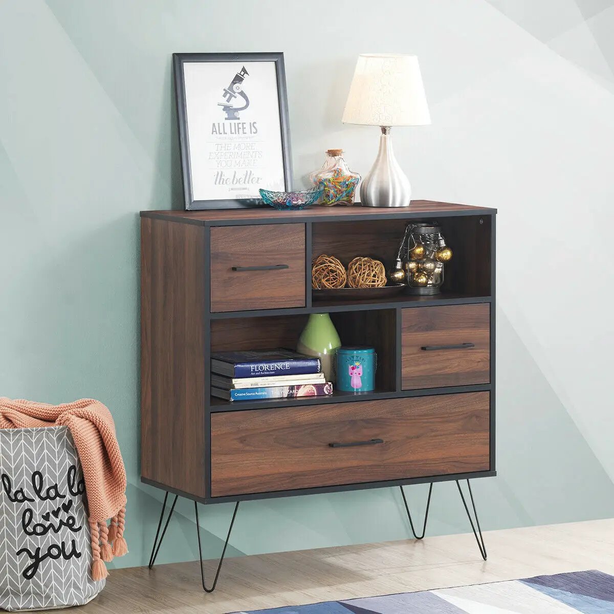 3-Tier Wood Storage Cabinet with Drawers and 4 Metal Legs by DirectDeals