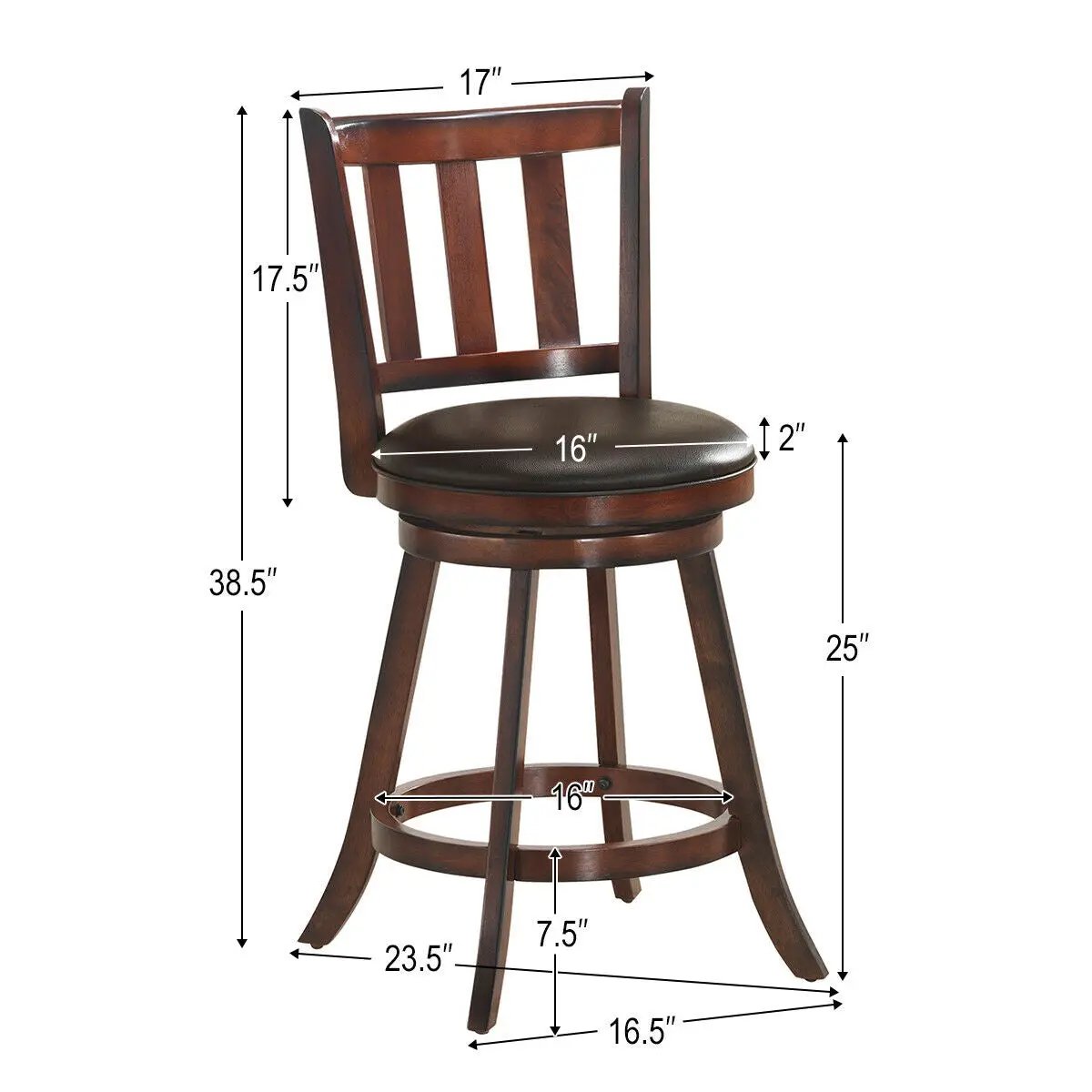 2 Pieces 360 Degree Swivel Wooden Counter Height Bar Stool Set with Cushioned Seat by DirectDeals