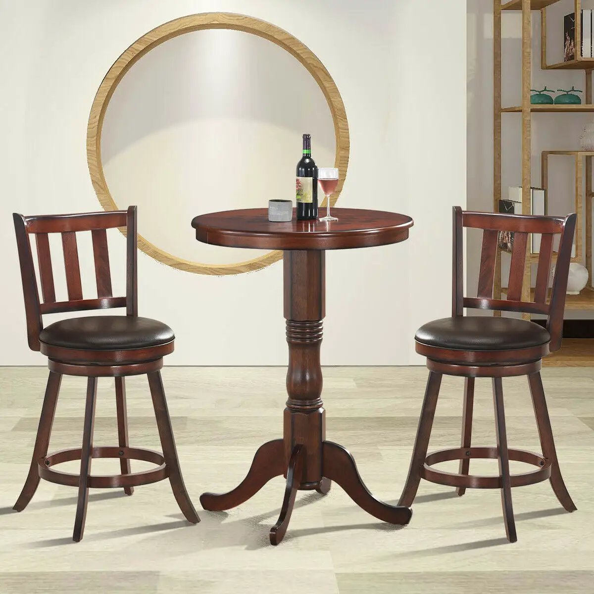 2 Pieces 360 Degree Swivel Wooden Counter Height Bar Stool Set with Cushioned Seat by DirectDeals