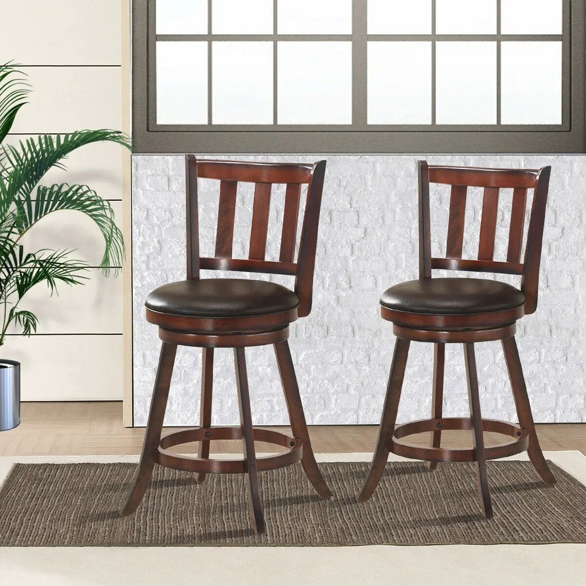 2 Pieces 360 Degree Swivel Wooden Counter Height Bar Stool Set with Cushioned Seat by DirectDeals