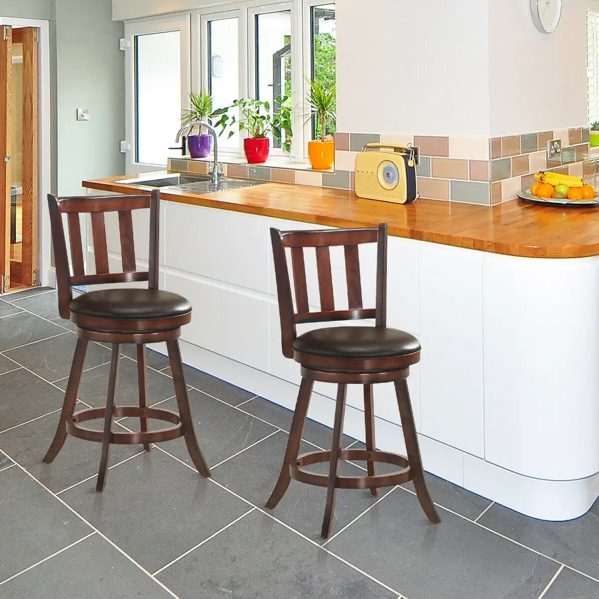2 Pieces 360 Degree Swivel Wooden Counter Height Bar Stool Set with Cushioned Seat by DirectDeals