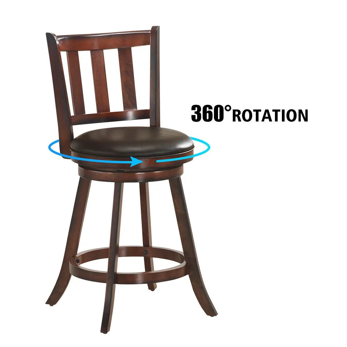 2 Pieces 360 Degree Swivel Wooden Counter Height Bar Stool Set with Cushioned Seat by DirectDeals
