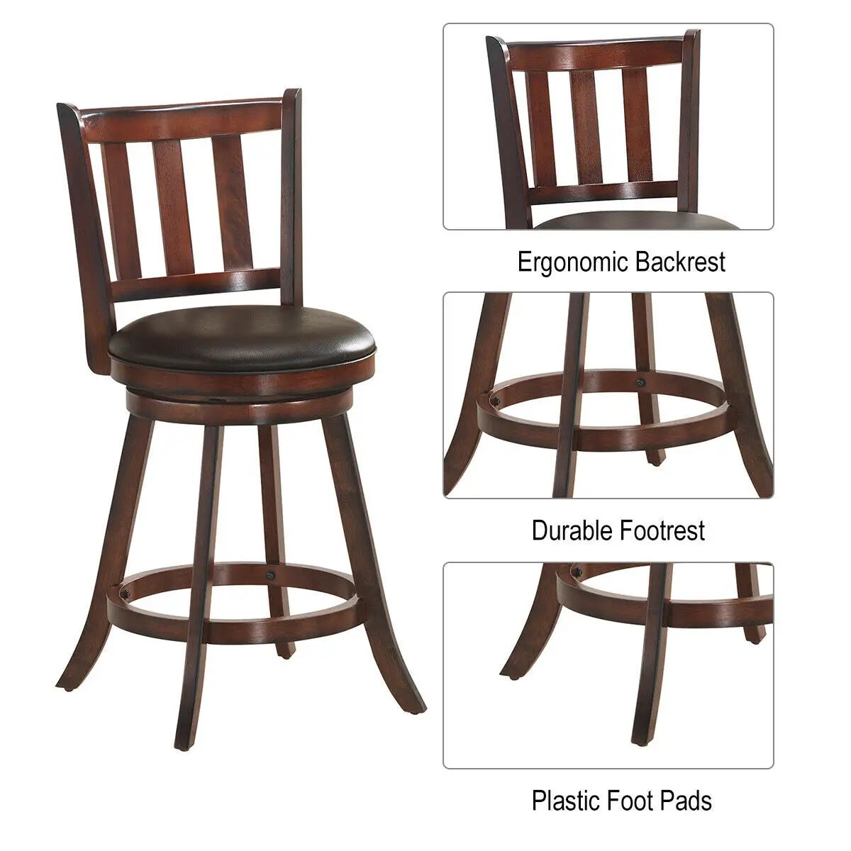 2 Pieces 360 Degree Swivel Wooden Counter Height Bar Stool Set with Cushioned Seat by DirectDeals