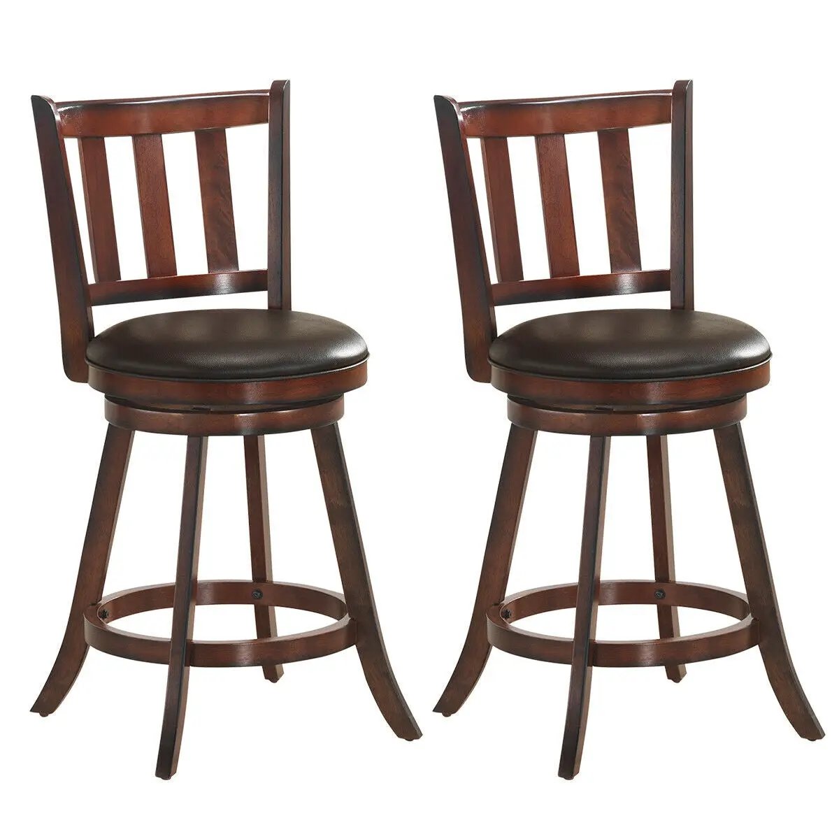 2 Pieces 360 Degree Swivel Wooden Counter Height Bar Stool Set with Cushioned Seat by DirectDeals