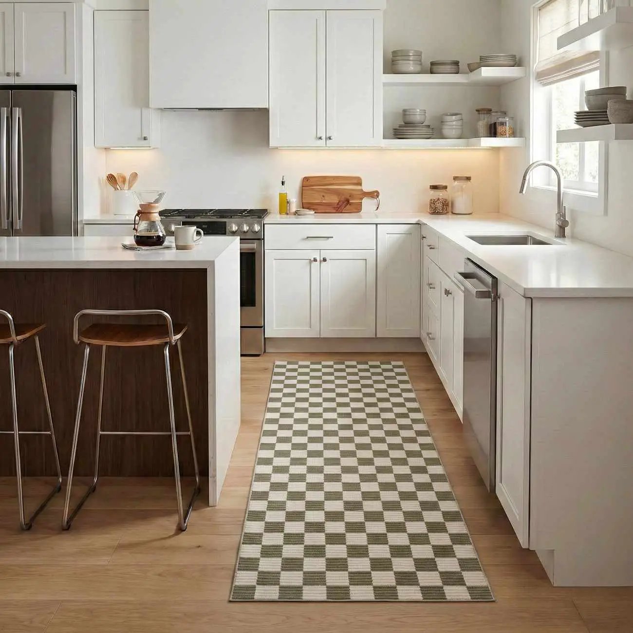 Kaysar Olive Green Checkered Washable Area Rug by Boutique Rugs