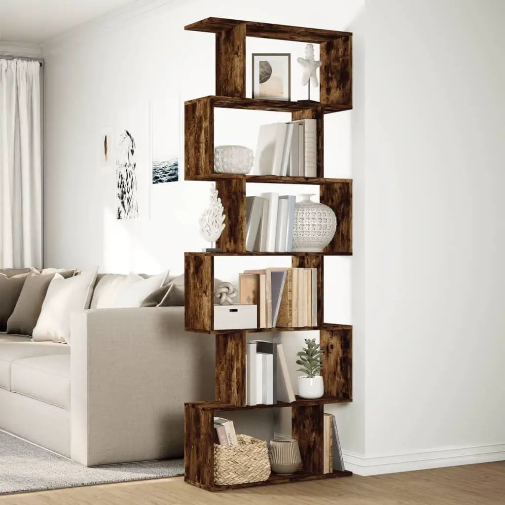 Oak Room Divider Bookcase with Smoked Finish and Storage by House Of Avana