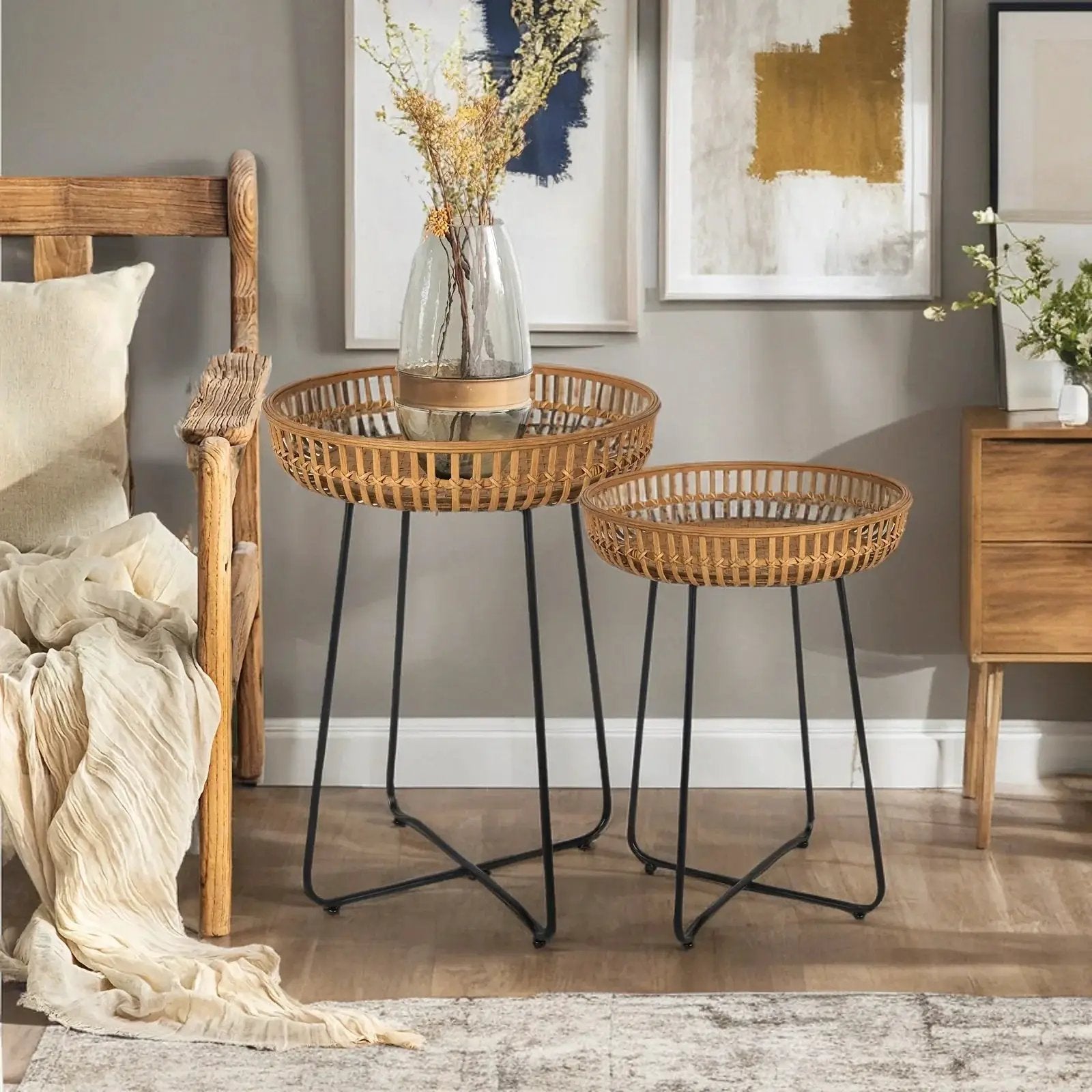 Oakrian Rattan Side Table Nesting Tables Set Of 2, Bamboo Round Table Coffee Table Metal Base End Table for Boho Living Room, Sofa, Bedroom, Terrace, Accent Table(20.47inch) by House Of Avana