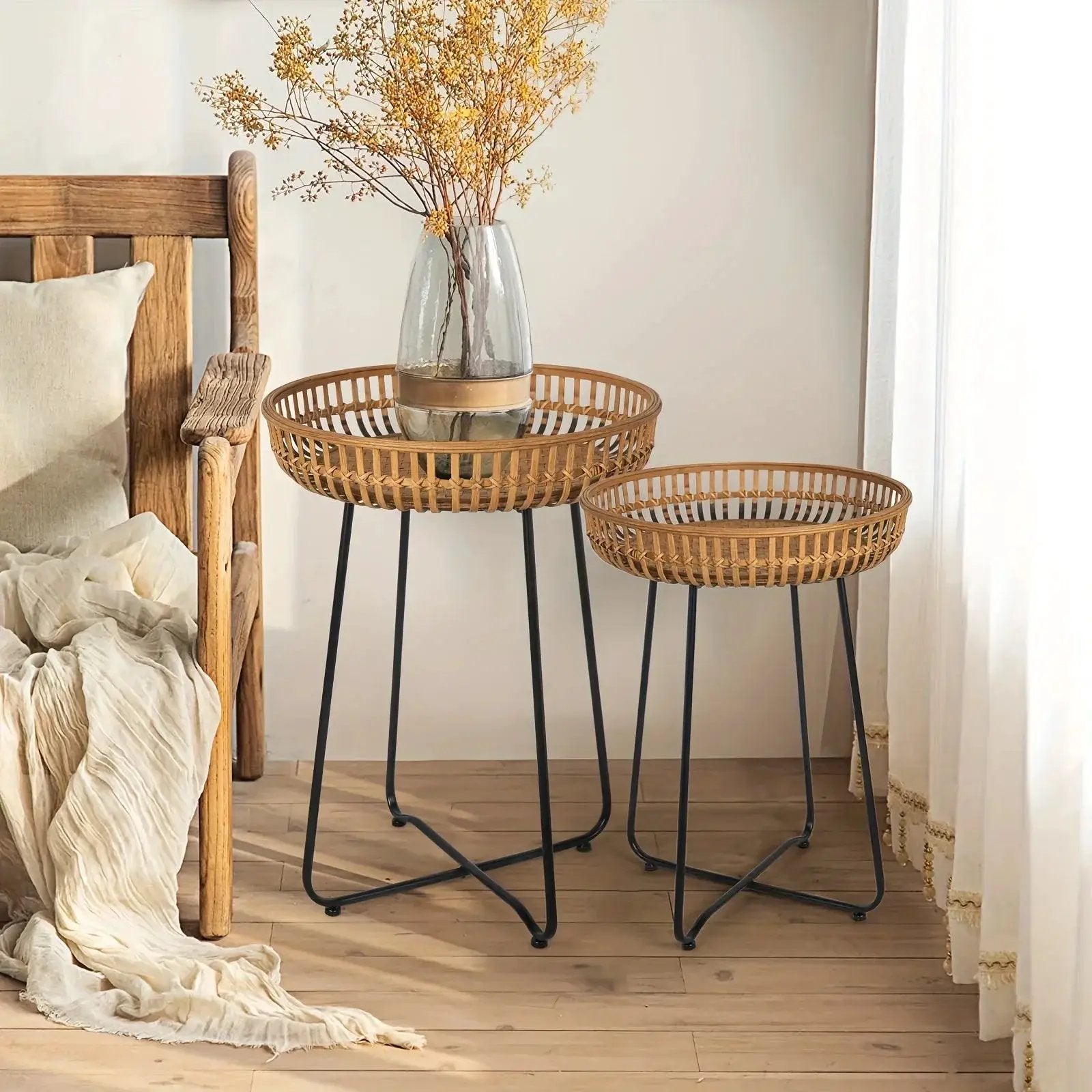 Oakrian Rattan Side Table Nesting Tables Set Of 2, Bamboo Round Table Coffee Table Metal Base End Table for Boho Living Room, Sofa, Bedroom, Terrace, Accent Table(20.47inch) by House Of Avana