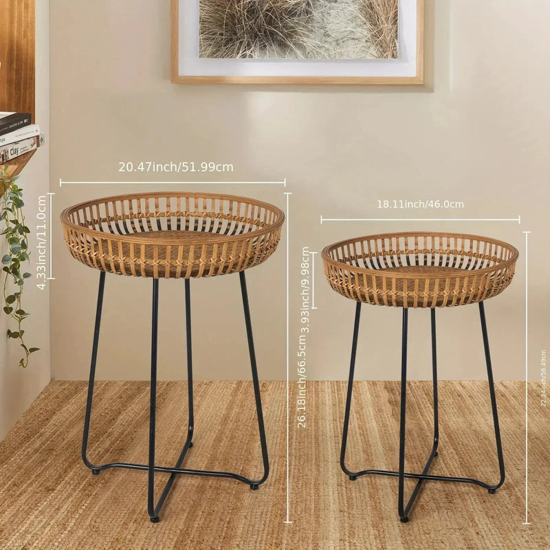Oakrian Rattan Side Table Nesting Tables Set Of 2, Bamboo Round Table Coffee Table Metal Base End Table for Boho Living Room, Sofa, Bedroom, Terrace, Accent Table(20.47inch) by House Of Avana