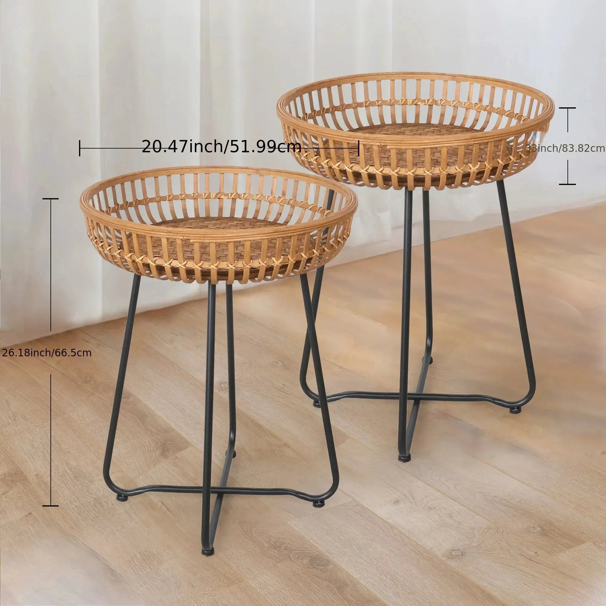 Oakrian Rattan Side Table Nesting Tables Set Of 2, Bamboo Round Table Coffee Table Metal Base End Table for Boho Living Room, Sofa, Bedroom, Terrace, Accent Table(20.47inch) by House Of Avana