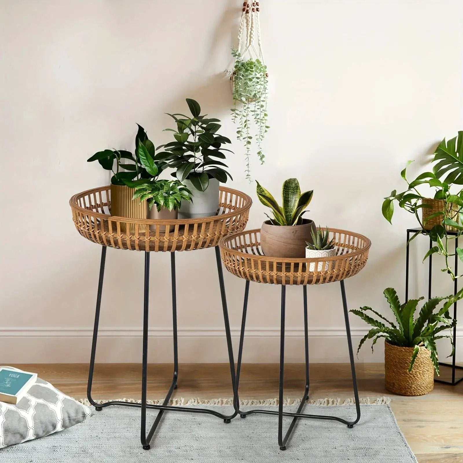 Oakrian Rattan Side Table Nesting Tables Set Of 2, Bamboo Round Table Coffee Table Metal Base End Table for Boho Living Room, Sofa, Bedroom, Terrace, Accent Table(20.47inch) by House Of Avana