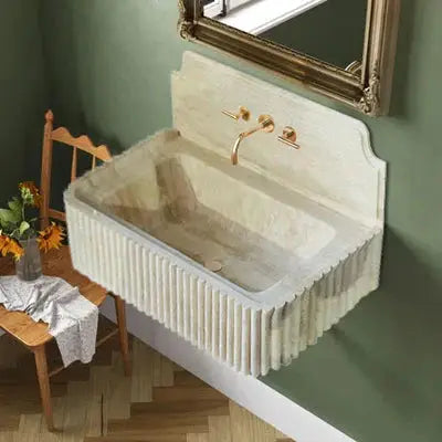 Beige Travertine Wall-mount Vanity Sink - Fluted 16 x 36 x 6 by GobekDesign