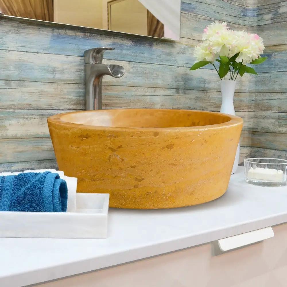 Oasis Gold Travertine Natural Stone Vessel Sink 16 Inch Round by GobekDesign