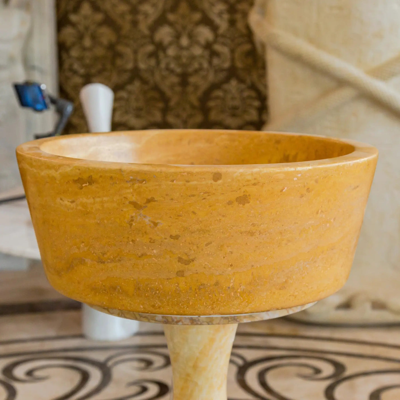 Oasis Gold Travertine Natural Stone Vessel Sink 16 Inch Round by GobekDesign