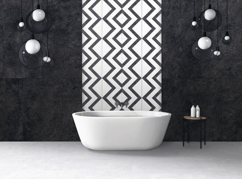 Offroad Deco Arrow Honed Stone Look Porcelain Tiles 12x12 installed in a bathroom