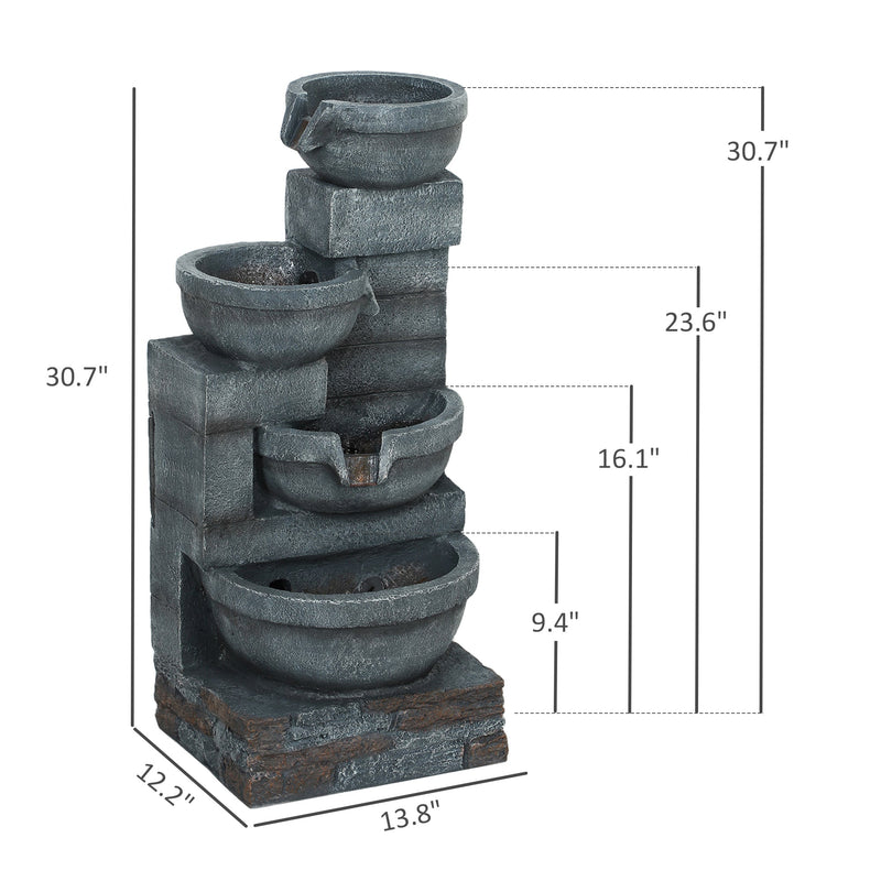 Resin Offset Bowl Cascading Outdoor Water Fountain with LED, dimensions drawing