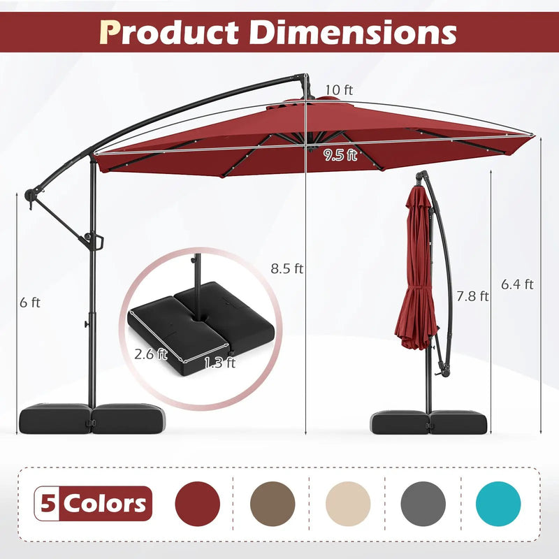 10 Feet Solar Offset Hanging Umbrella with Base and 32 LED Lights-Wine by DirectDeals
