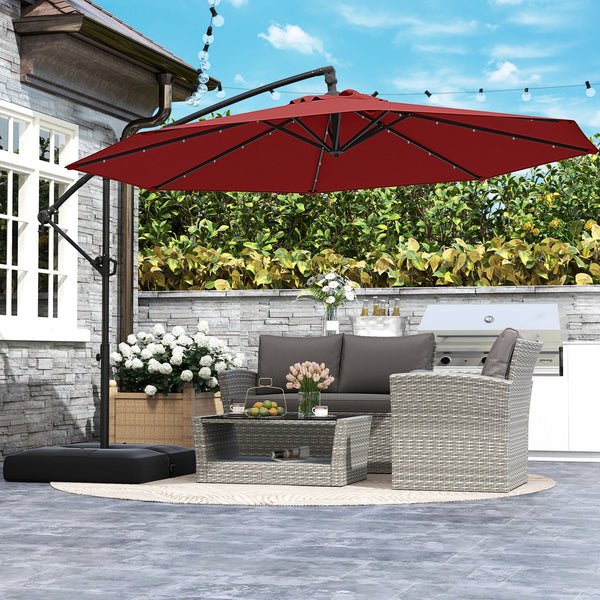 10 Feet Solar Offset Hanging Umbrella with Base and 32 LED Lights-Wine, photo 2 of 8