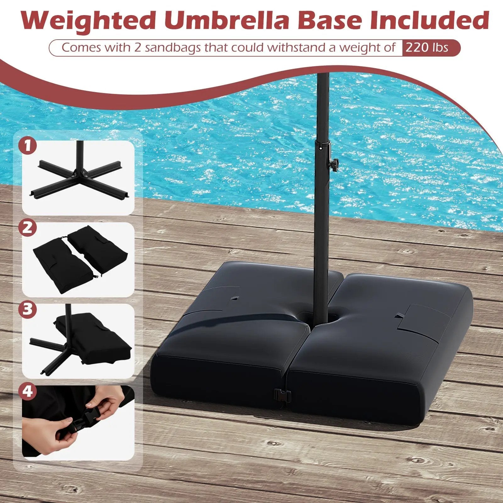 10 Feet Solar Offset Hanging Umbrella with Base and 32 LED Lights-Wine by DirectDeals