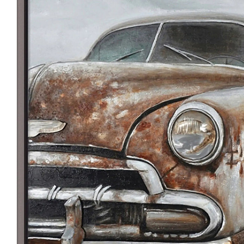 Hand Painted Acrylic and Aluminum 3D Wall Art Vintage Car 47 x 59 Rectangular Canvas with a Dark Brown Wooden Frame by Sharicks