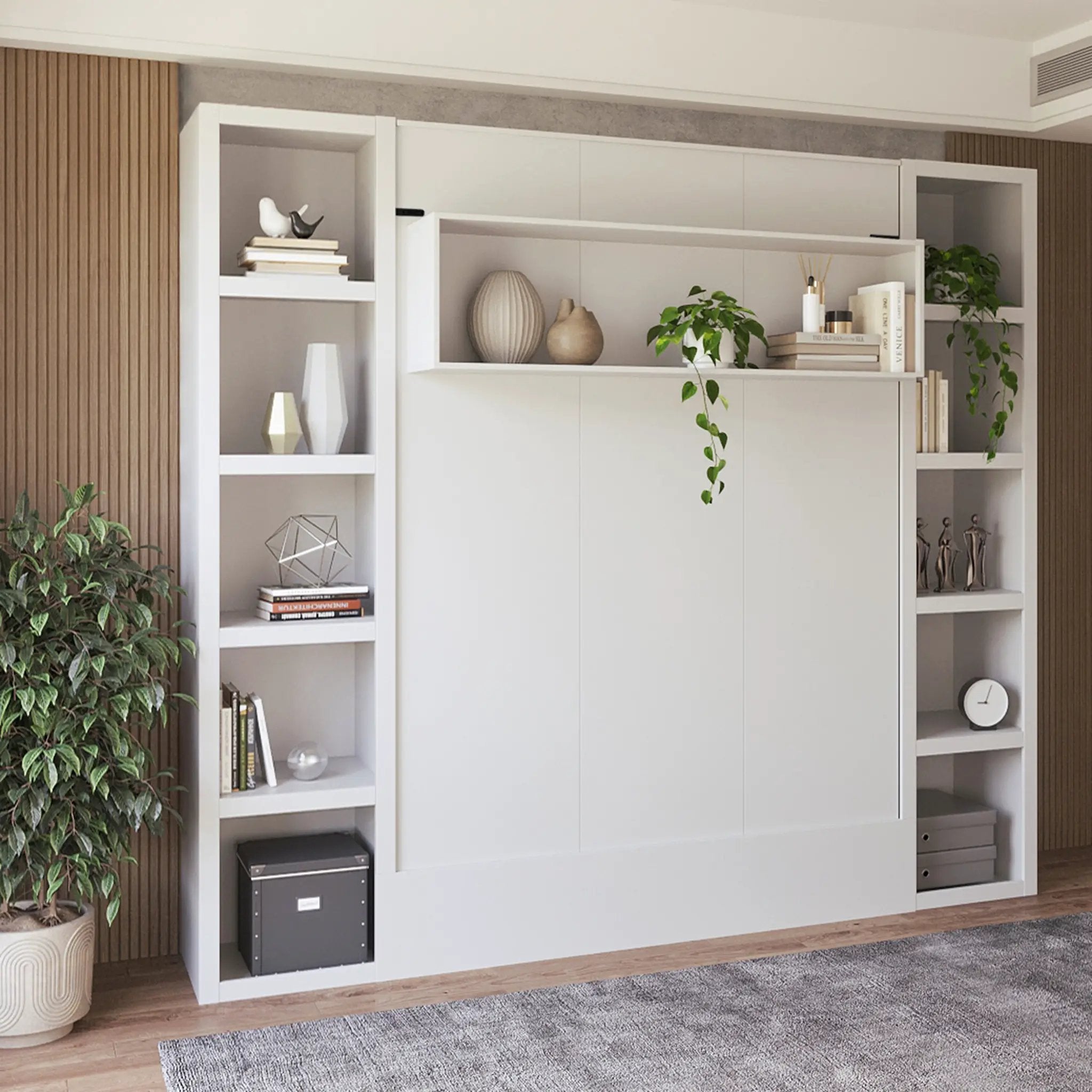 Easy-Lift Queen Murphy Wall Bed in White with Two Bookshelves by Sharicks