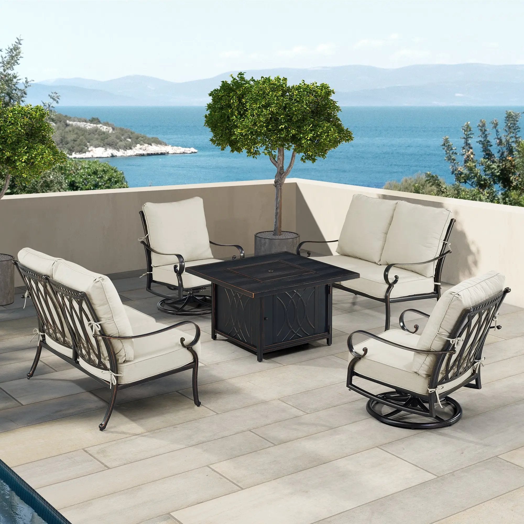 Black Aluminum Fire Table Set with Two Loveseats and Two Club Chairs by Sharicks